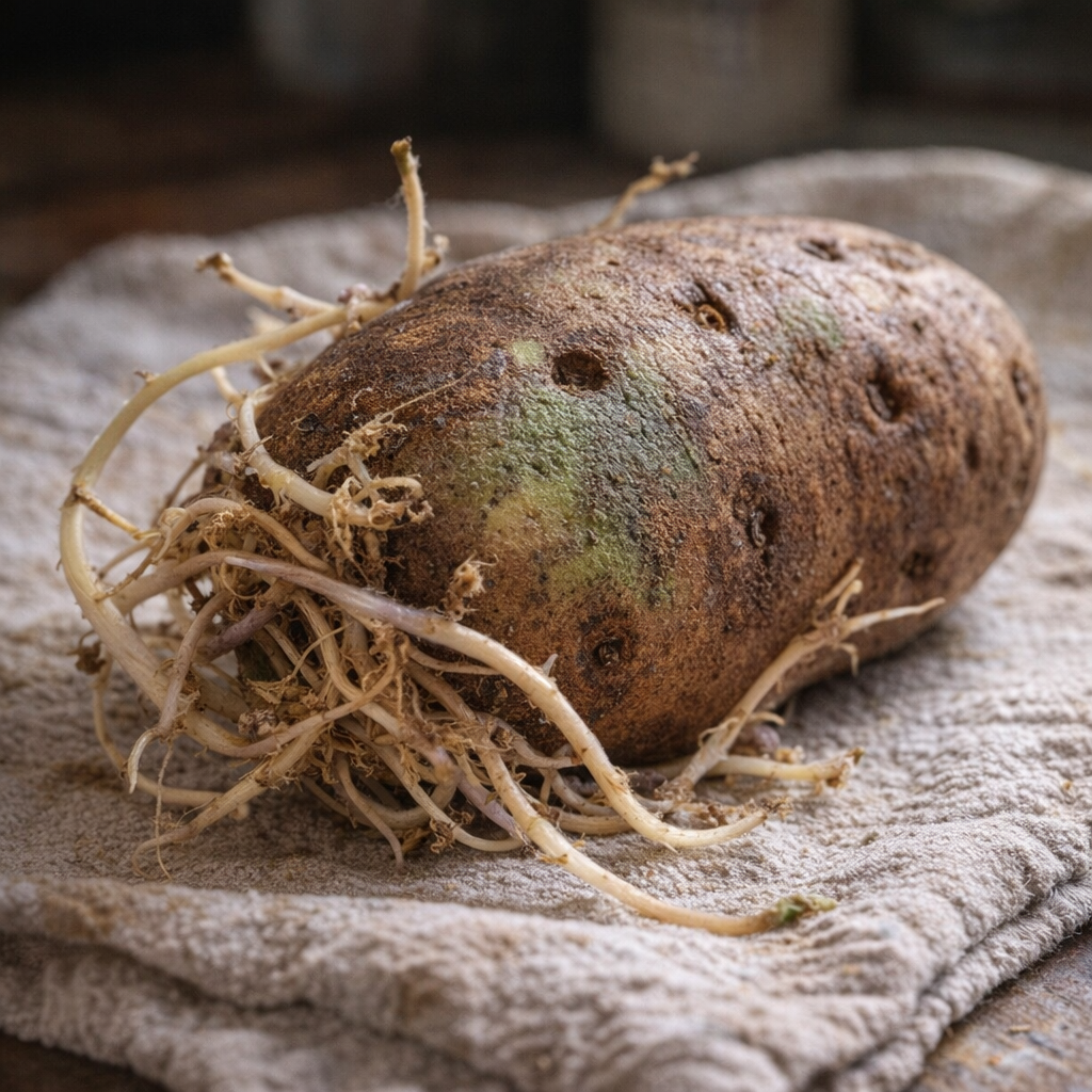 Heavily sprouted green potato showing clear warning signs