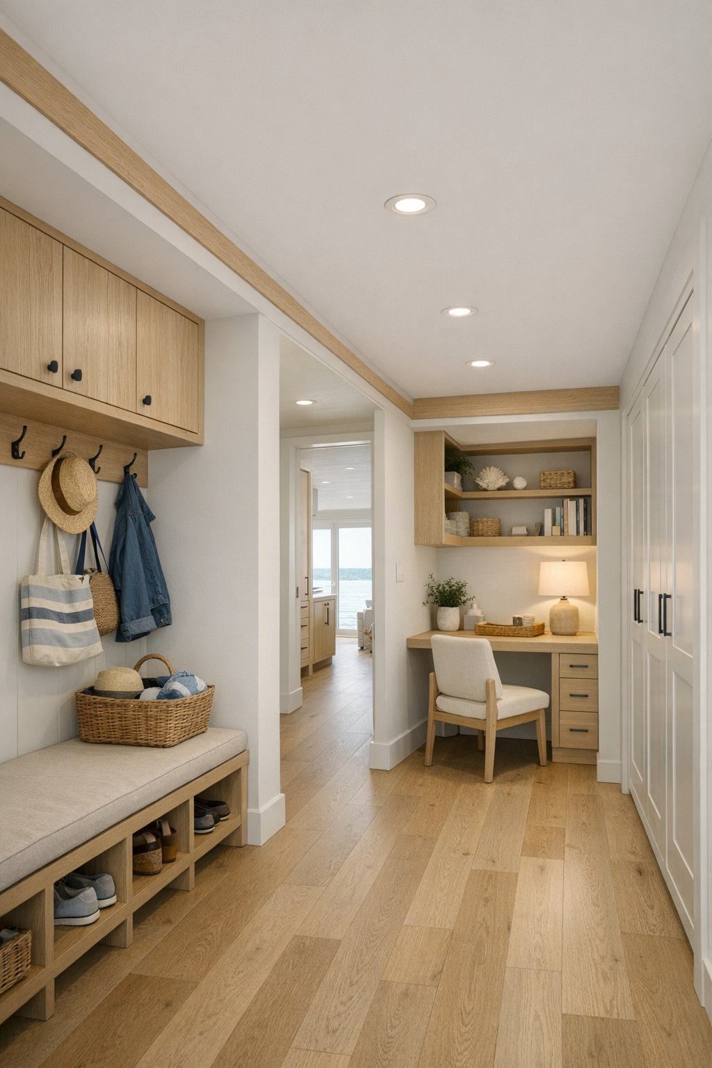 Wide hallway and flex area with coastal built-ins and practical storage