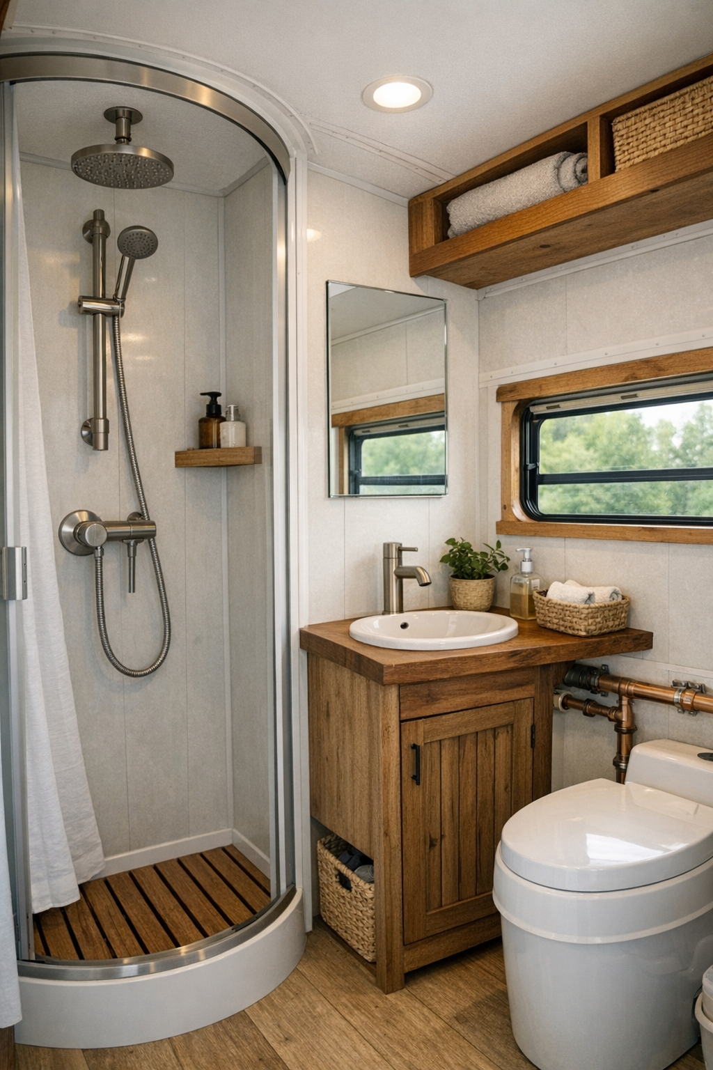 Compact bathroom in a converted bus with shower and light waterproof finishes