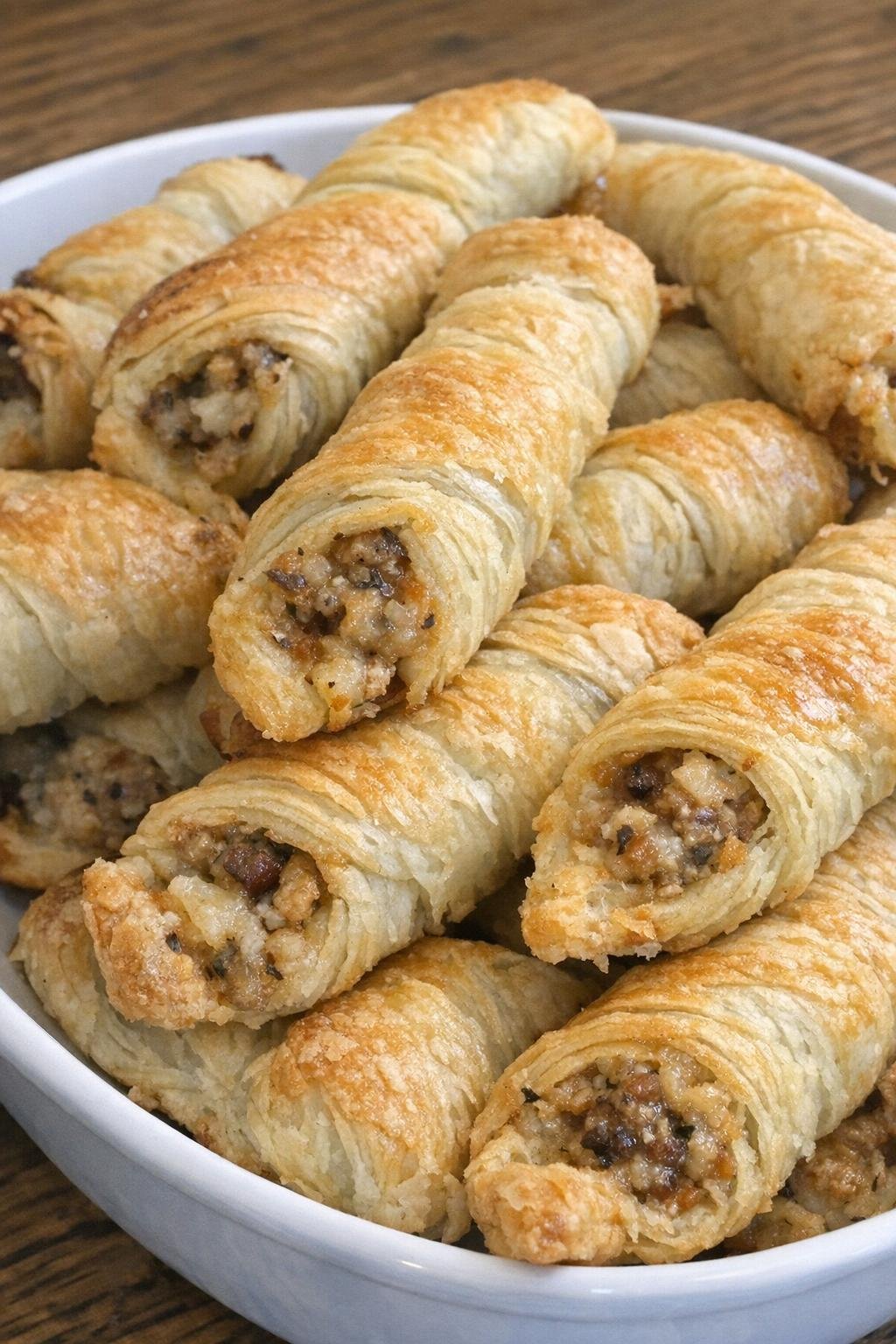 Golden flaky stuffed pastry twists piled in a serving dish