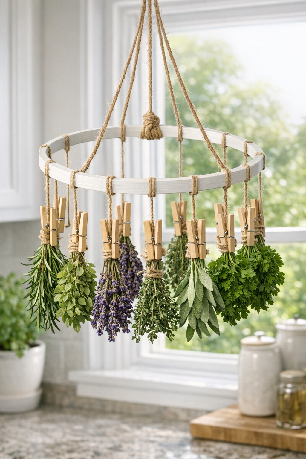 Finished DIY herb drying rack hanging with dried herbs