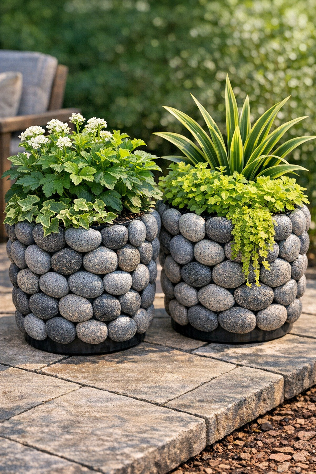 Finished faux stone patio planters with plants