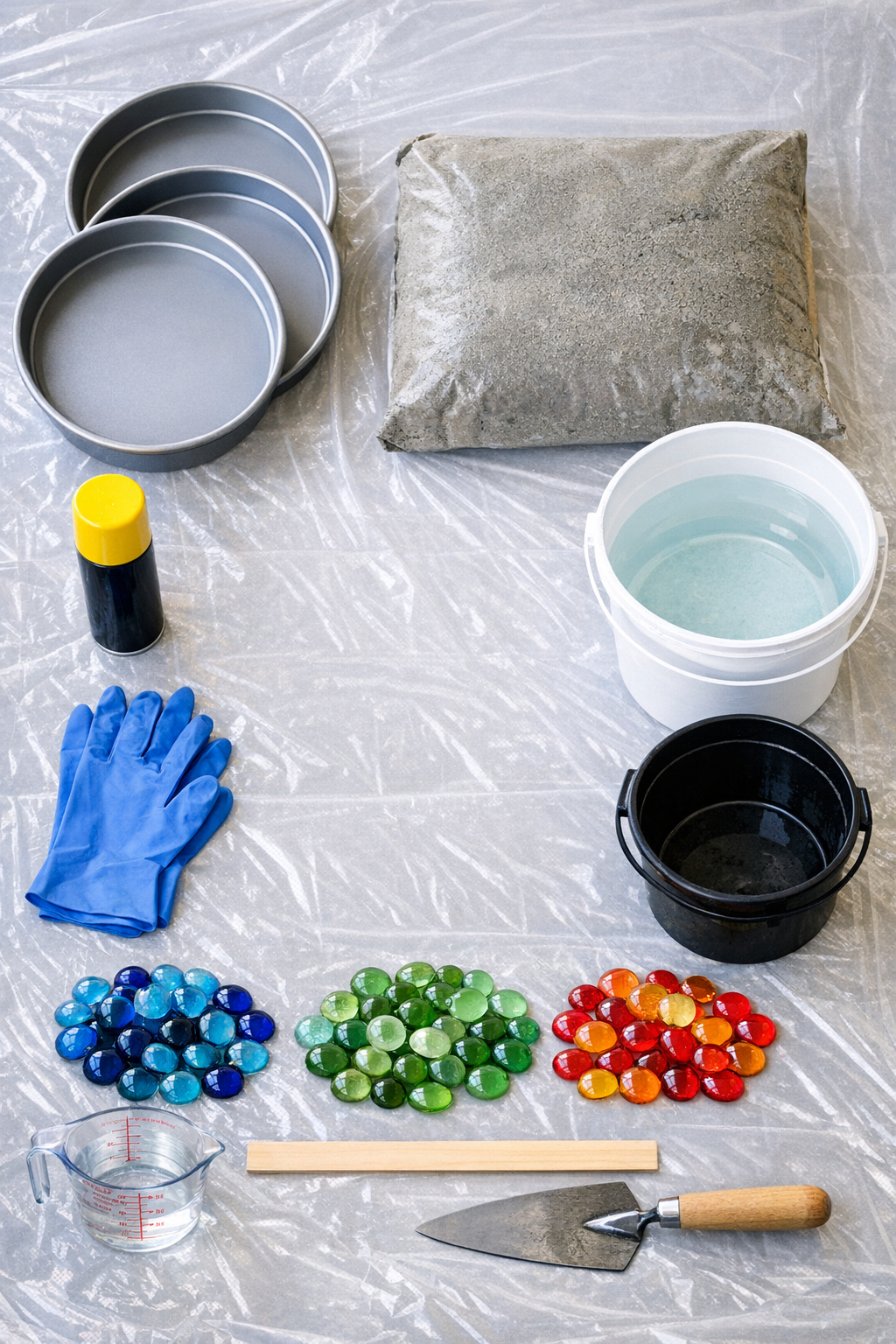 Materials for making garden stepping stones laid out neatly
