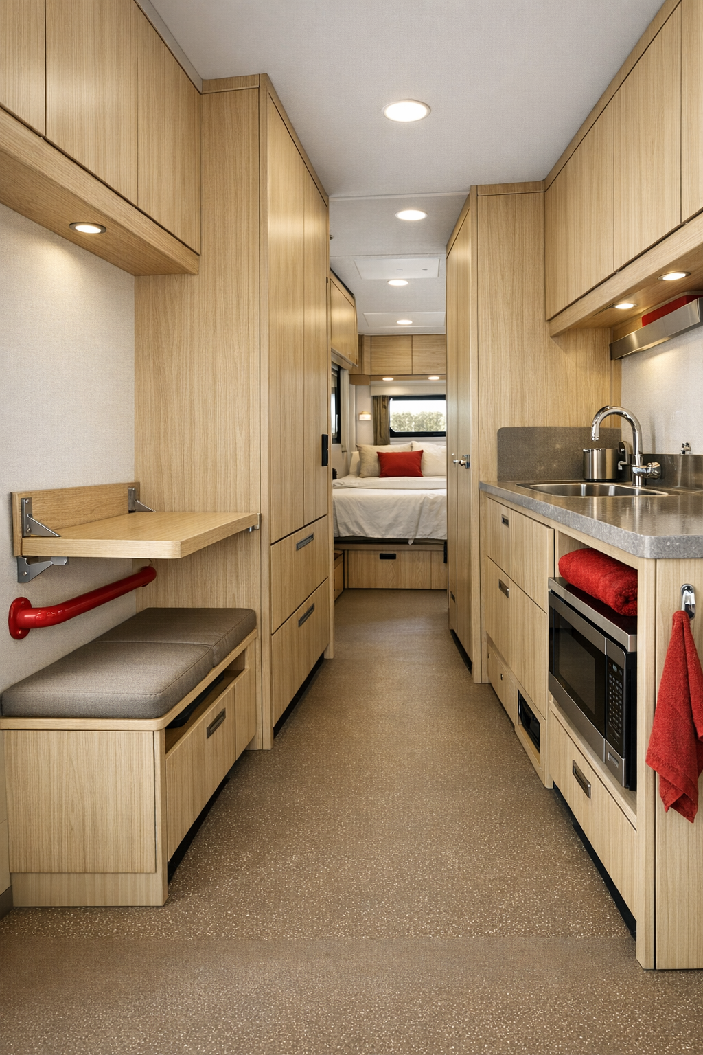 RV corridor and utility area with flush storage, fold-down shelf, and accessible details