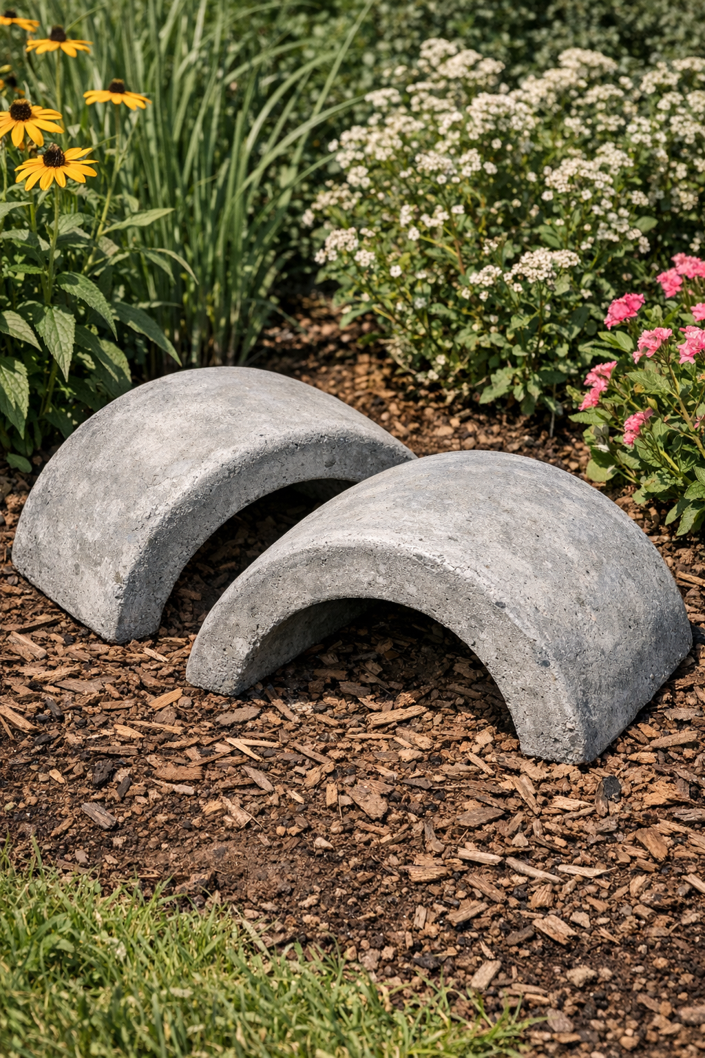 Finished pair of curved cement outdoor forms in a garden