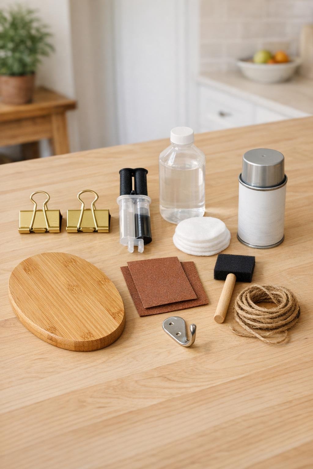 Materials for a cutting board letter holder laid out on a table