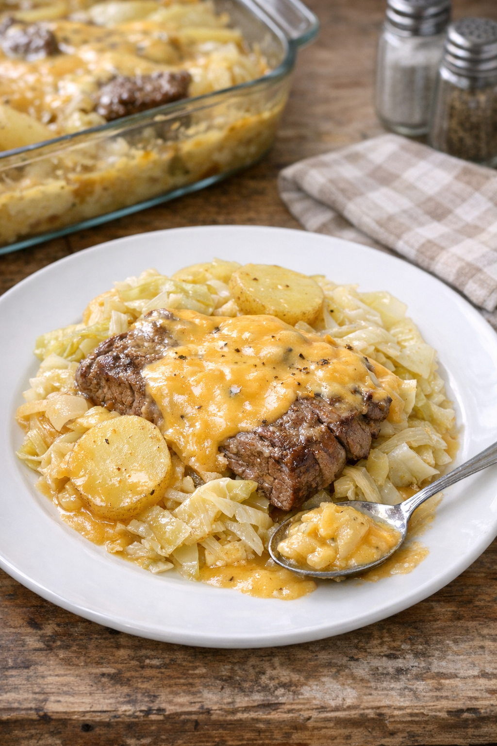 Finished beef and cabbage casserole plated on a dinner plate