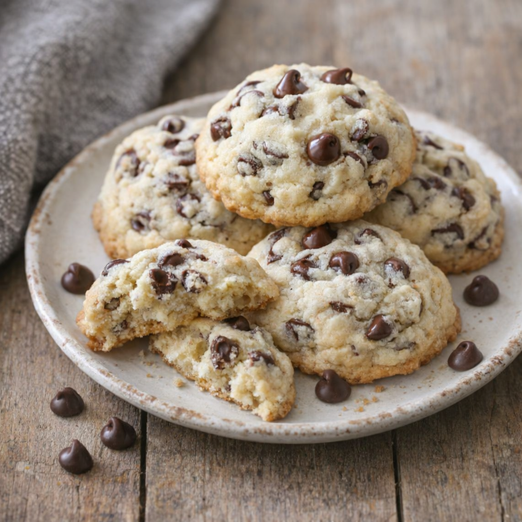 Plate of chocolate chip cream cheese cookies on a farmhouse table