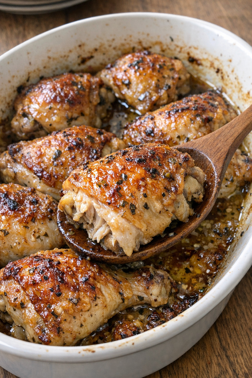 Golden brown baked chicken in a white oval casserole dish