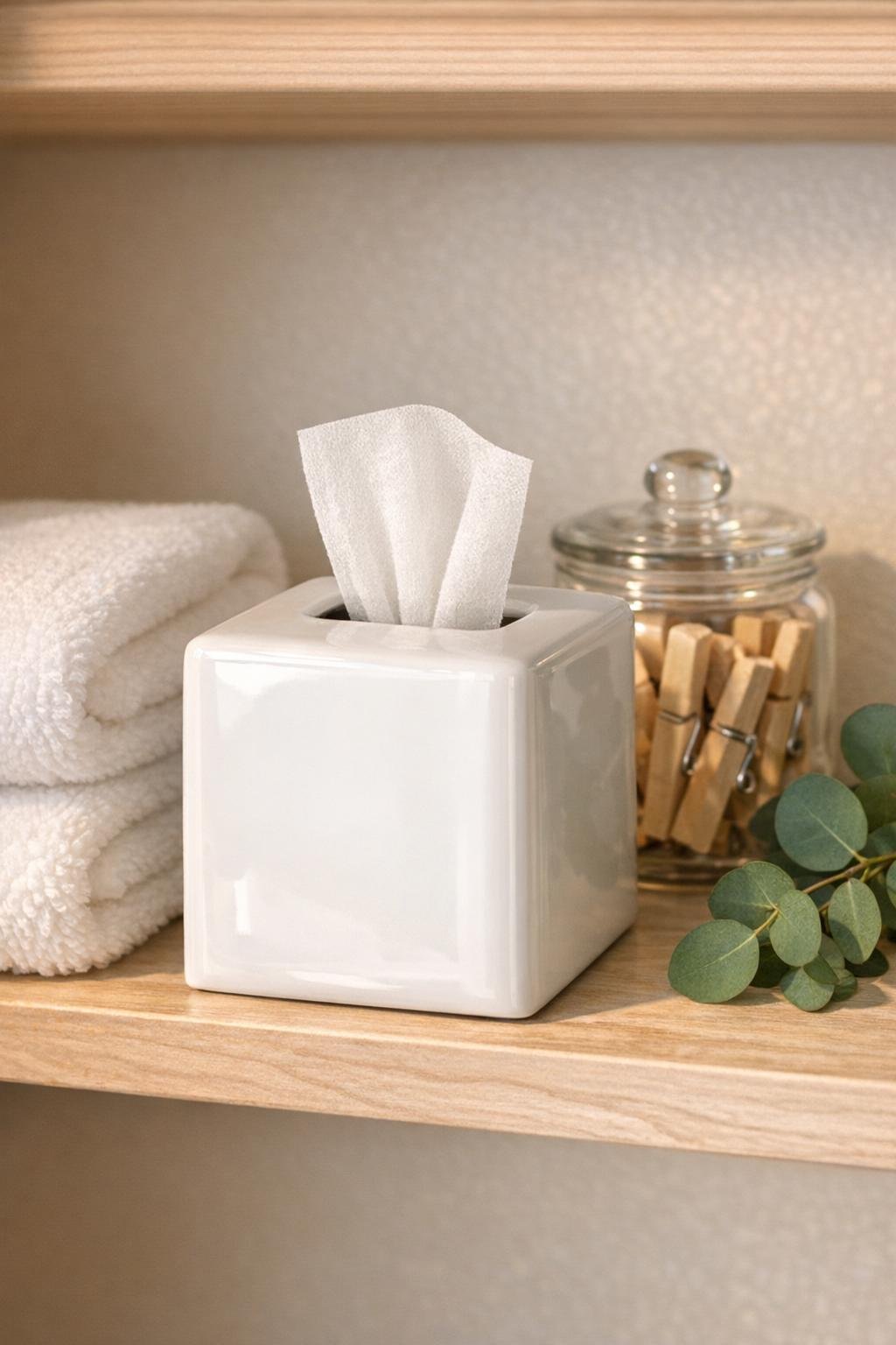 Finished ceramic dryer sheet dispenser styled in a laundry room