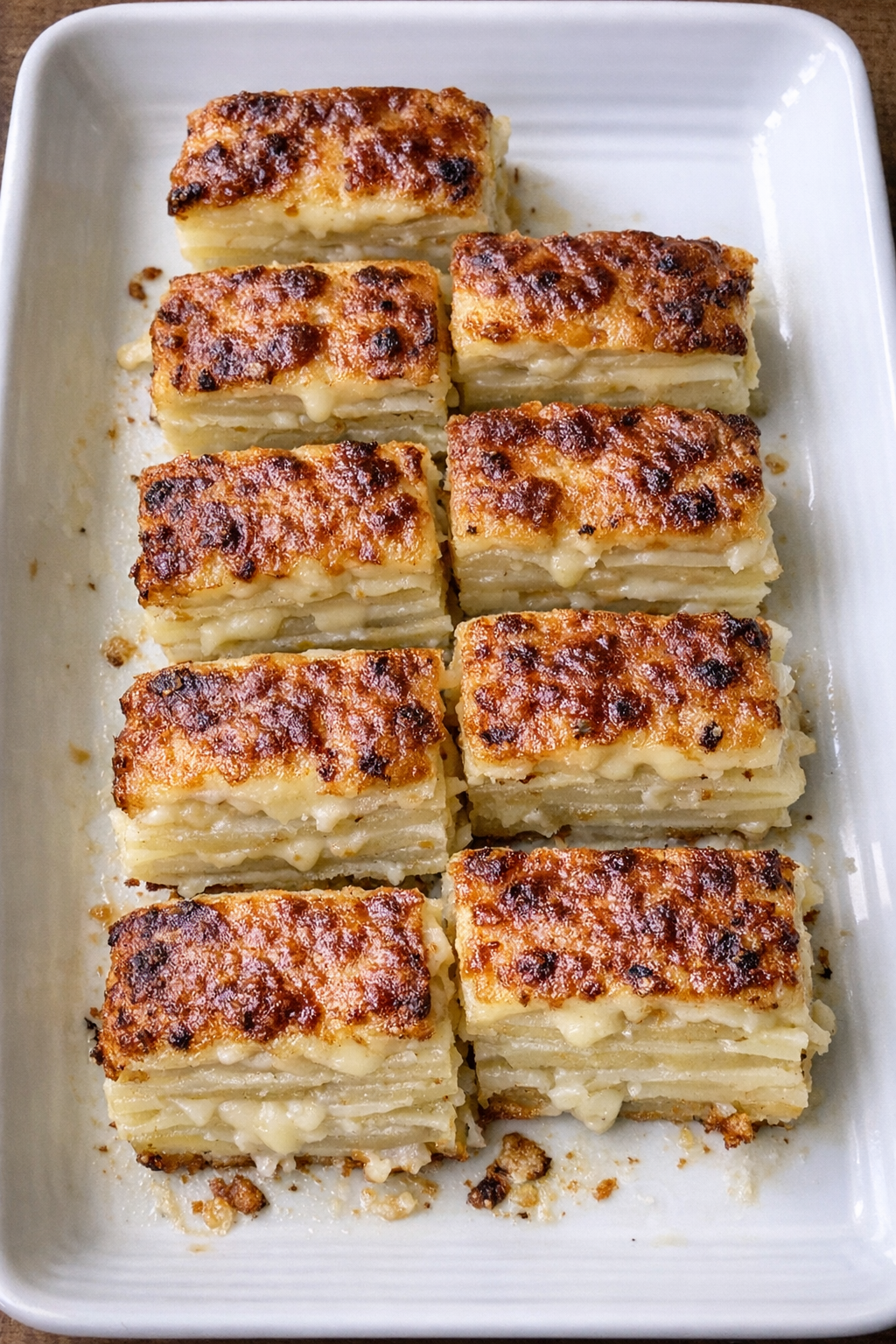 Layered golden potato terrine slices with melted gruyere cheese and crispy browned tops on a rectangular ceramic serving dish