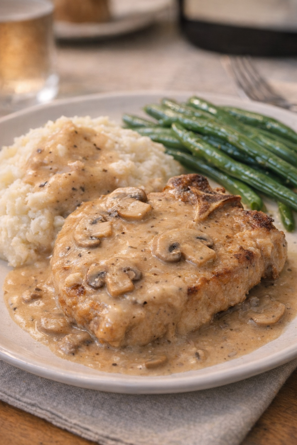 Plated pork chop with mashed potatoes and green beans