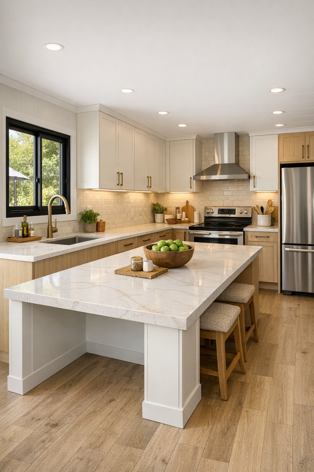 Warm modern kitchen with accessible layout, pale wood cabinetry, and quartz island