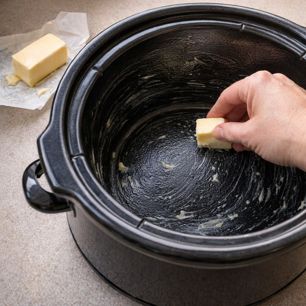 Butter being rubbed inside a slow cooker crock
