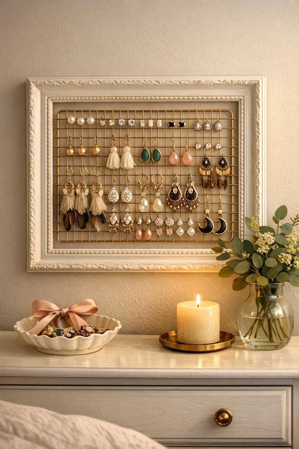 Finished framed earring display hanging in a bedroom