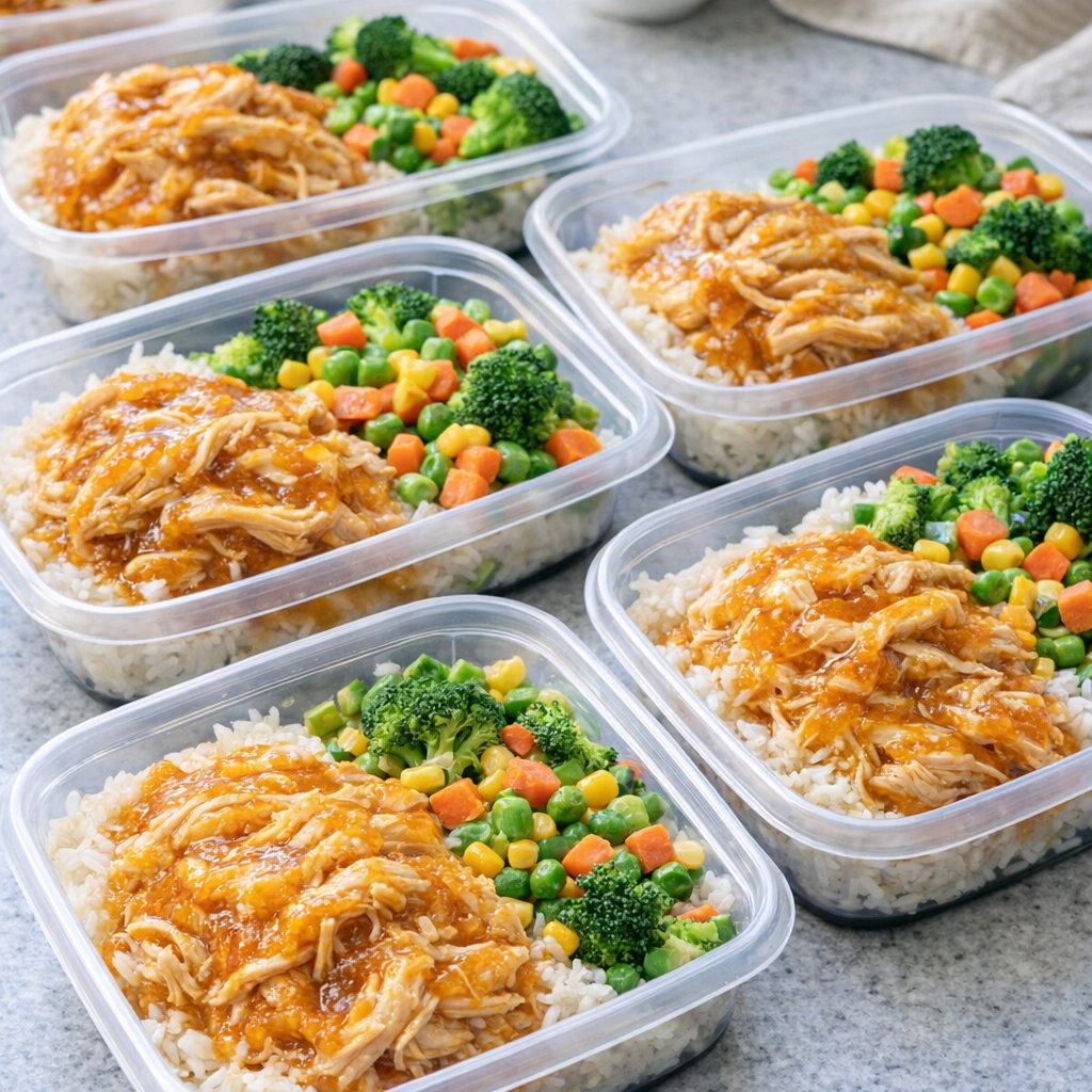 Meal prep containers filled with apricot chicken and rice