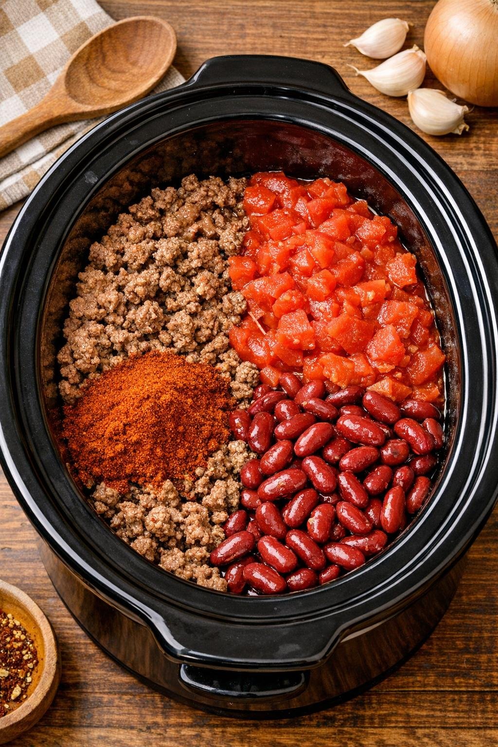 Ingrediënten voor chili worden in een slowcooker gecombineerd.