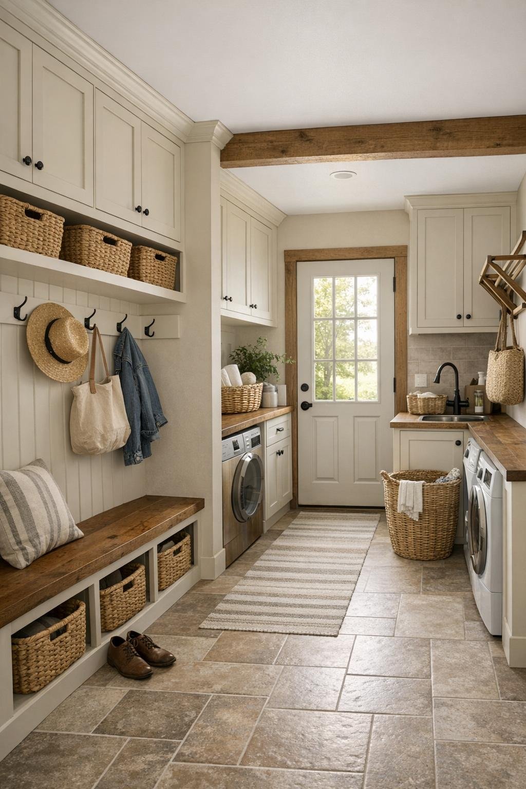 Farmhouse mudroom and utility area with built-in storage and warm finishes
