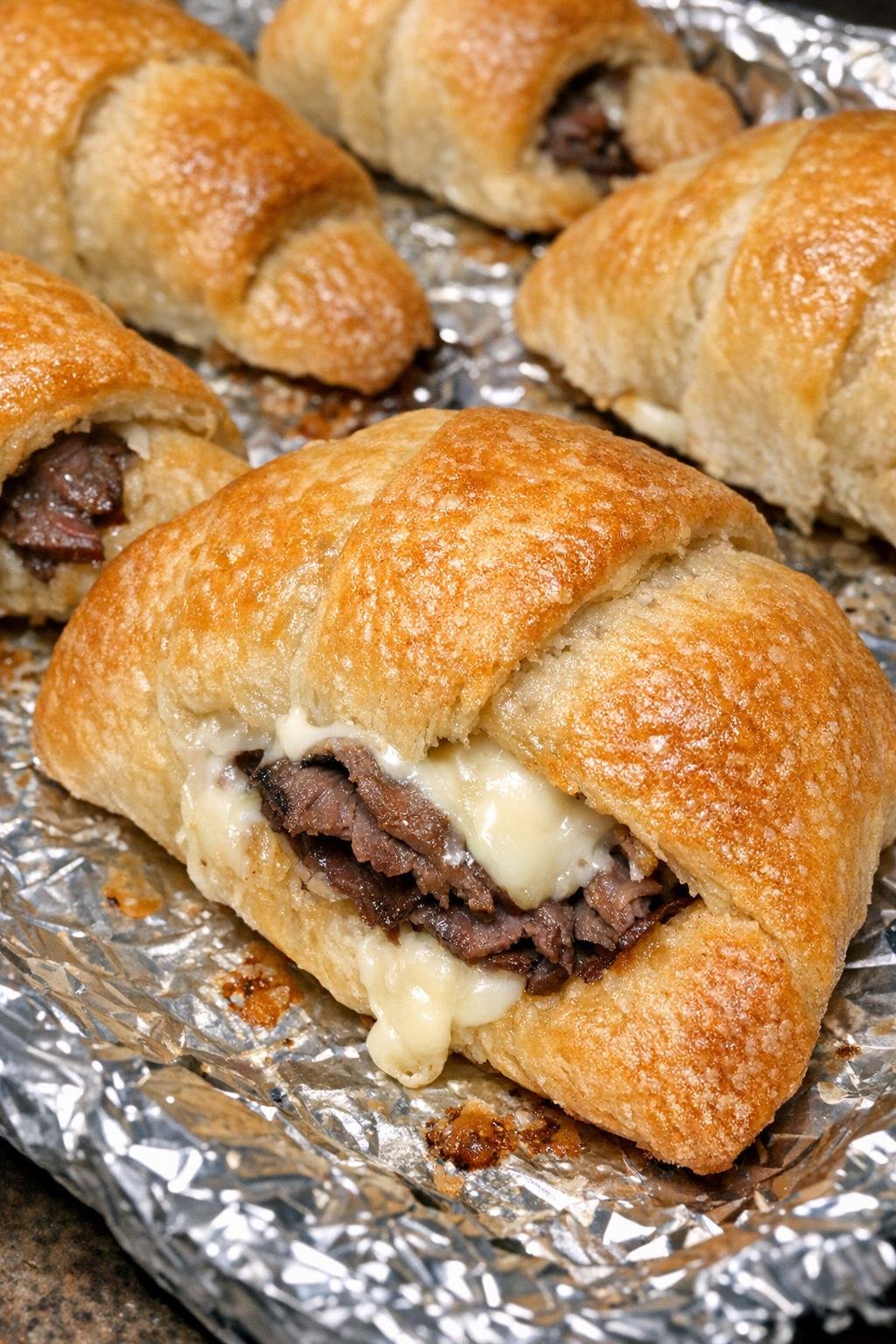 Golden flaky crescent dough cushions filled with roast beef and melted cheese on a foil-lined baking sheet