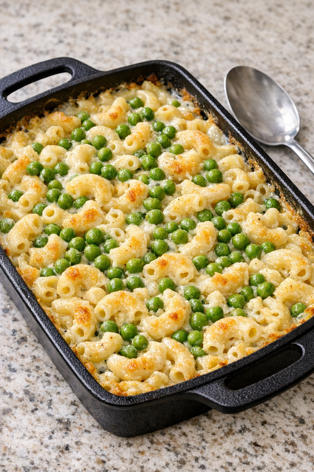 Finished baked green pea macaroni in a cast iron baking dish