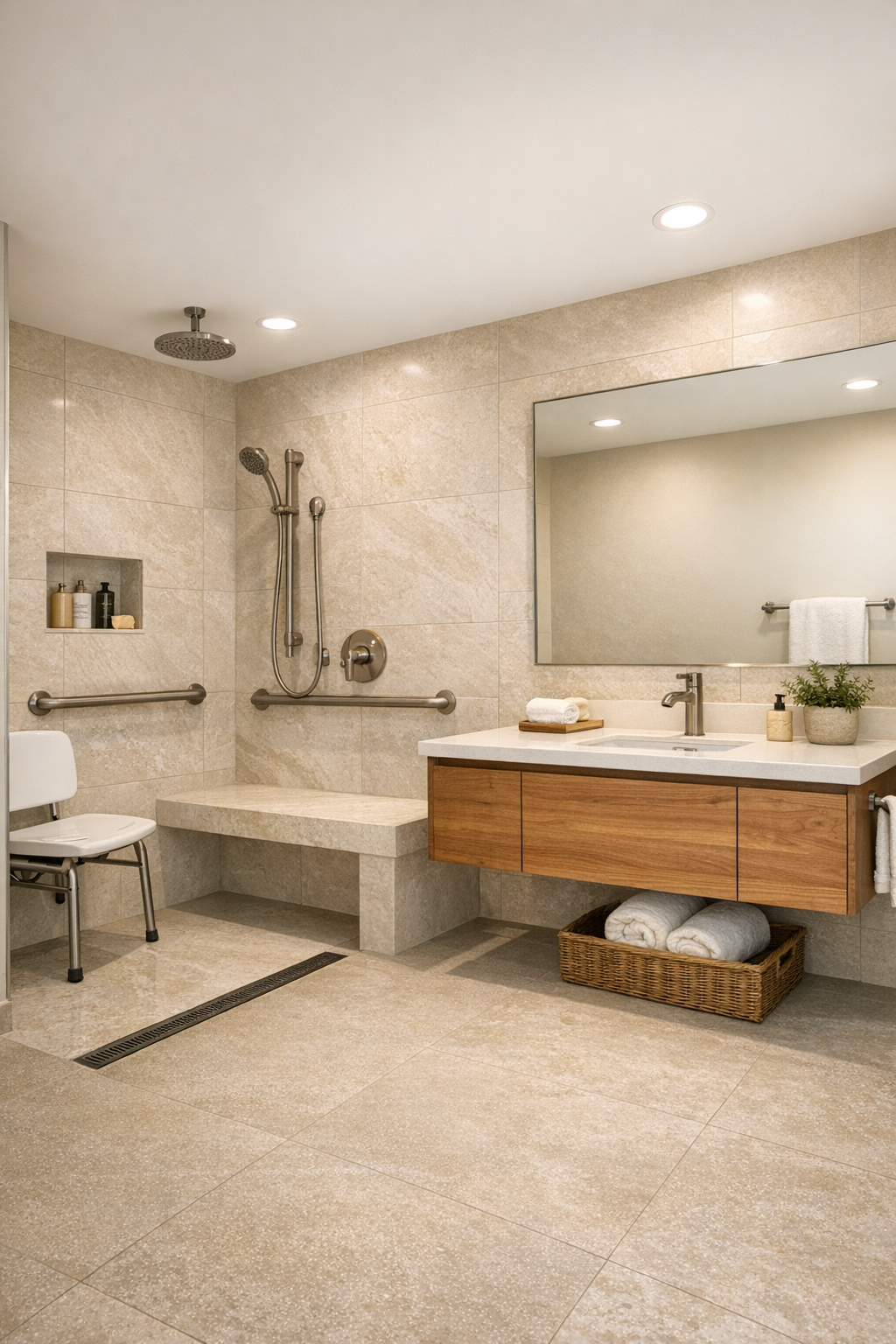 Accessible bathroom with curbless shower and warm neutral finishes