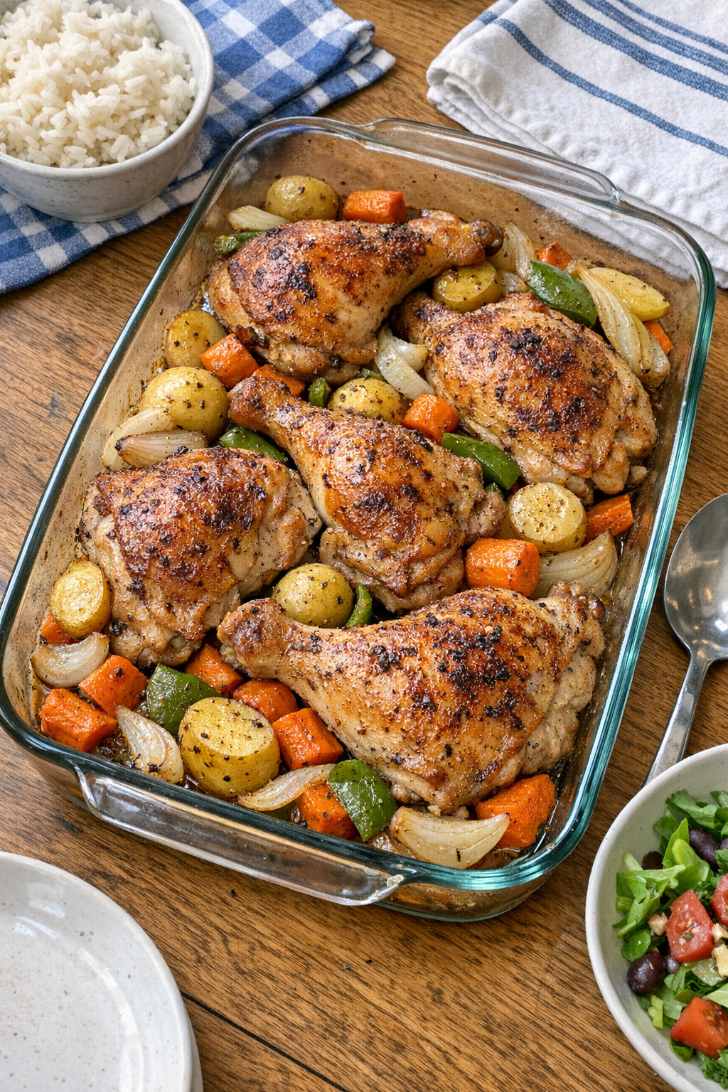 Baked chicken leg quarters in a glass casserole dish