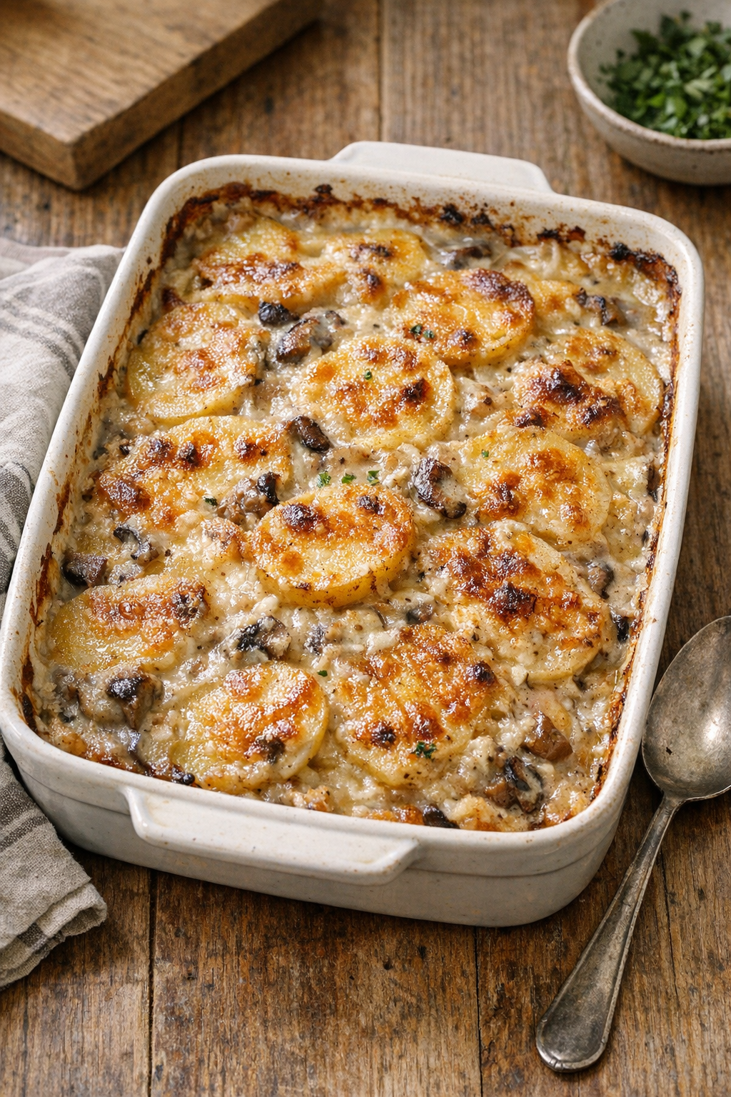 Finished mushroom scalloped potatoes baked golden in a casserole dish