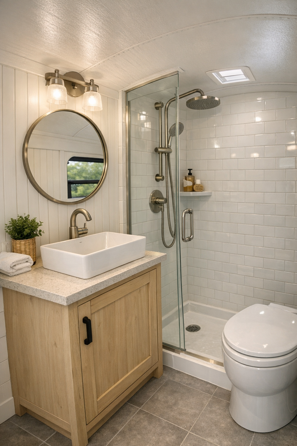 Bright compact bus bathroom with wood vanity and glass shower