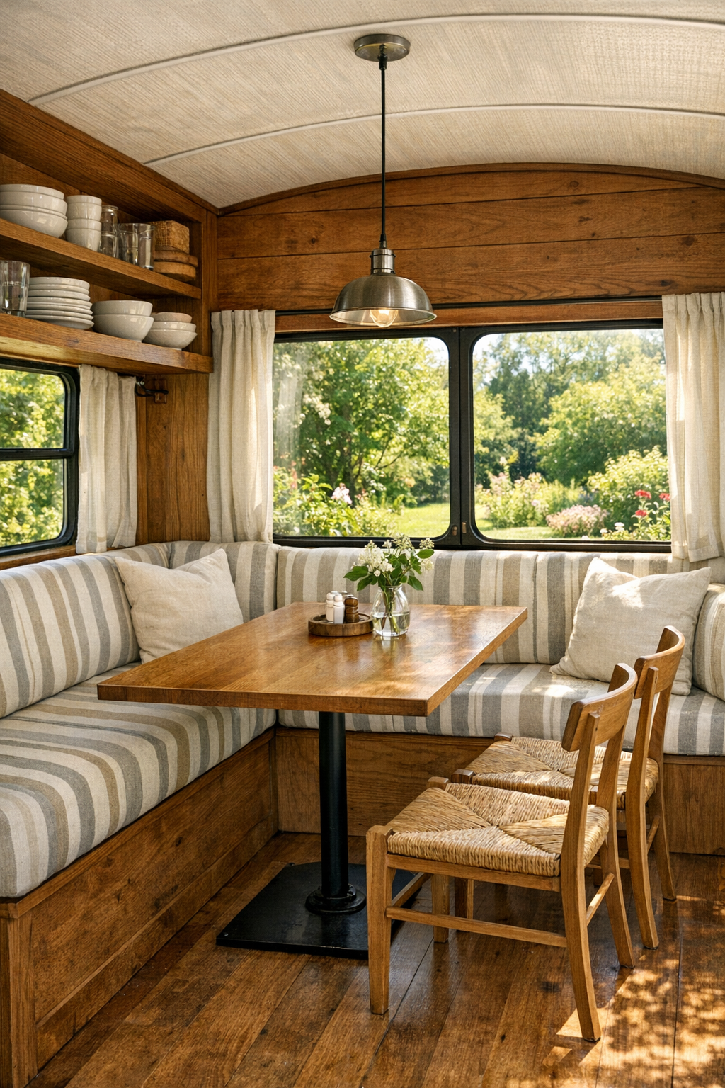 Cozy bus dining nook with banquette seating, oak table, and garden views