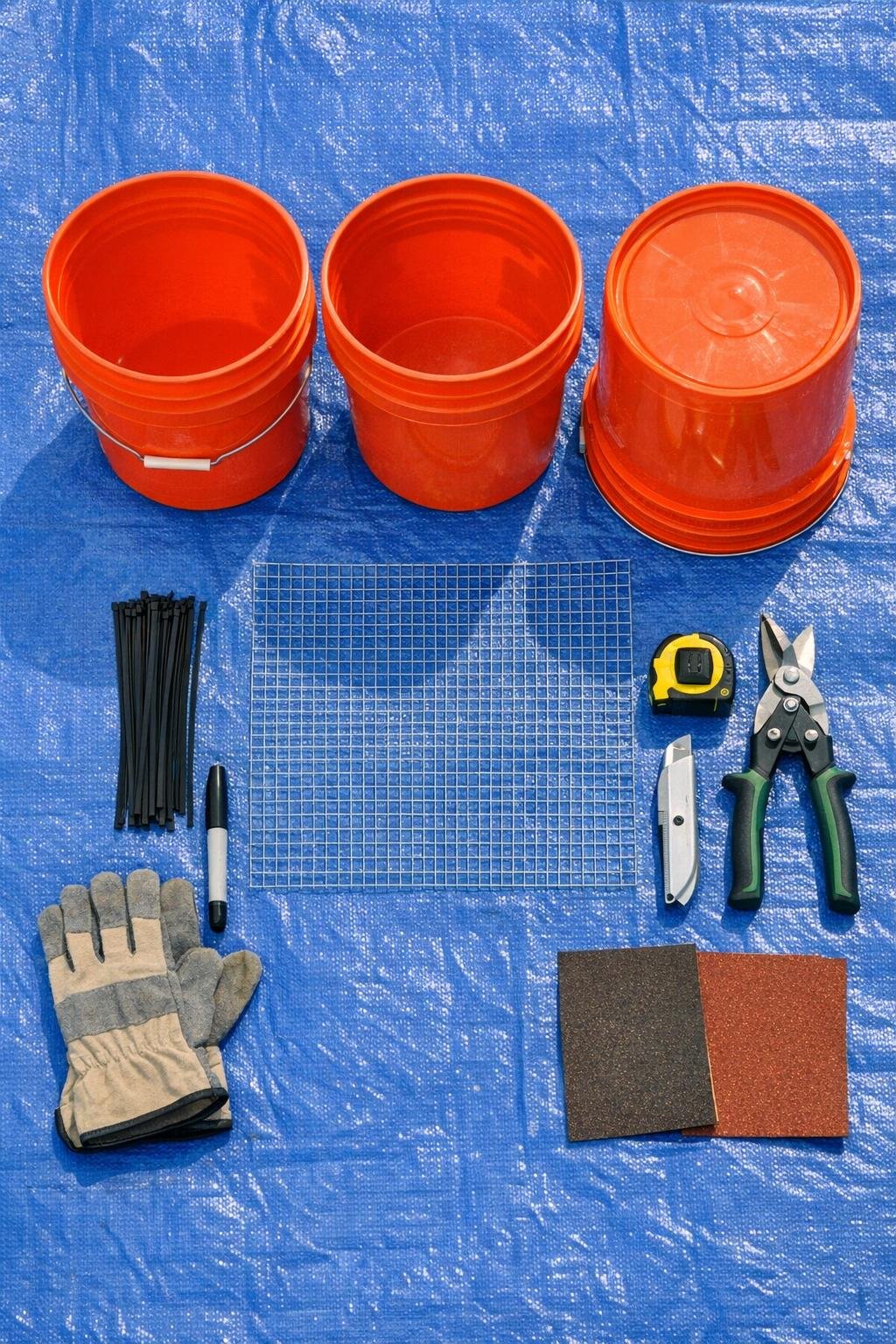Materials for a bucket leaf mulch compressor laid out on a tarp