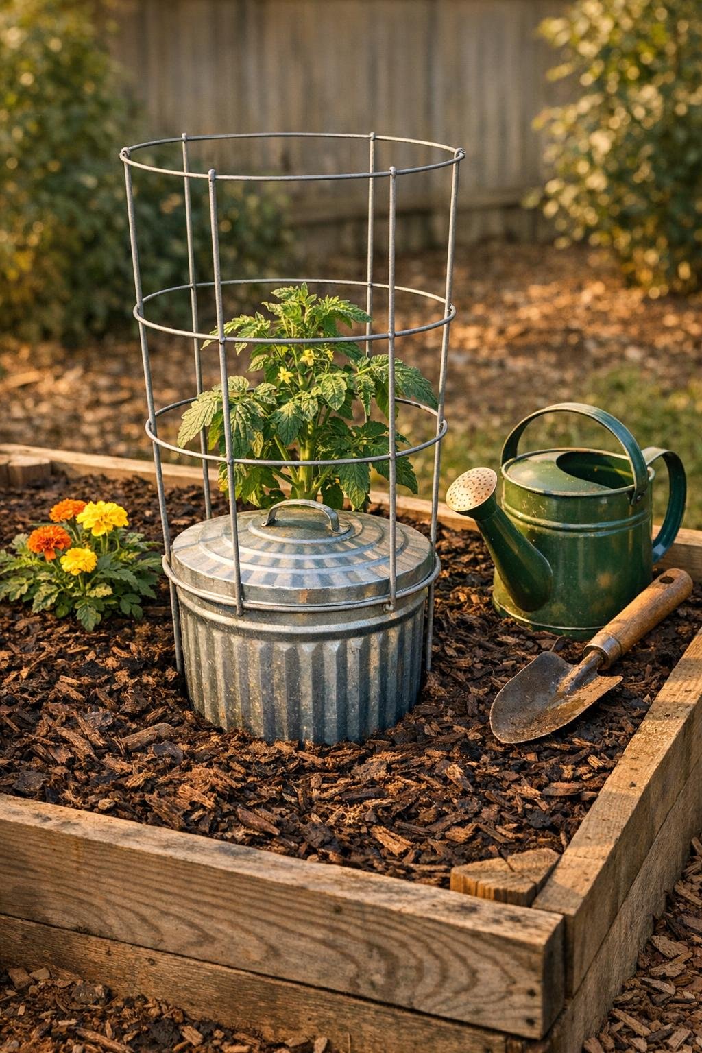 Finished deep watering reservoir installed in a tomato bed