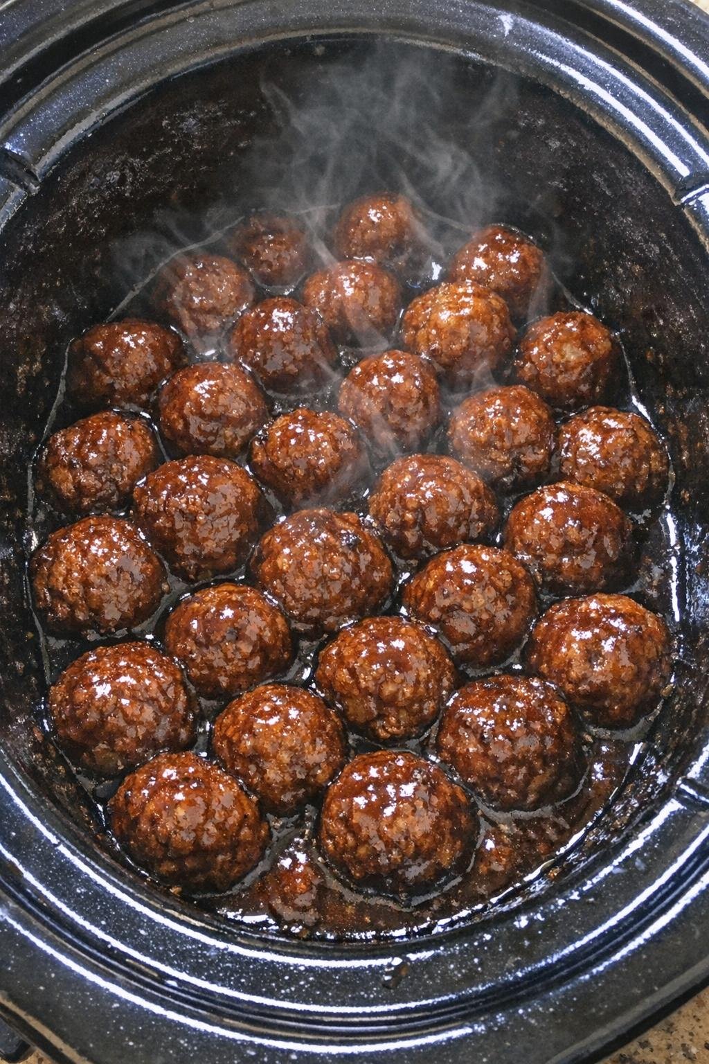 Slow cooker party meatballs in glossy dark amber glaze