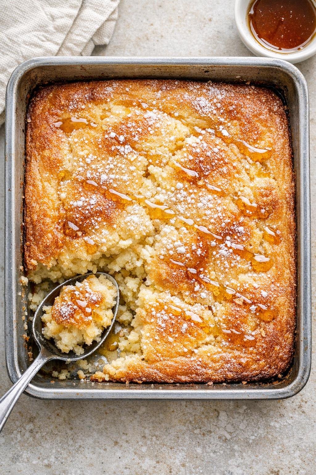 Finished baked pancake dessert in a metal baking dish