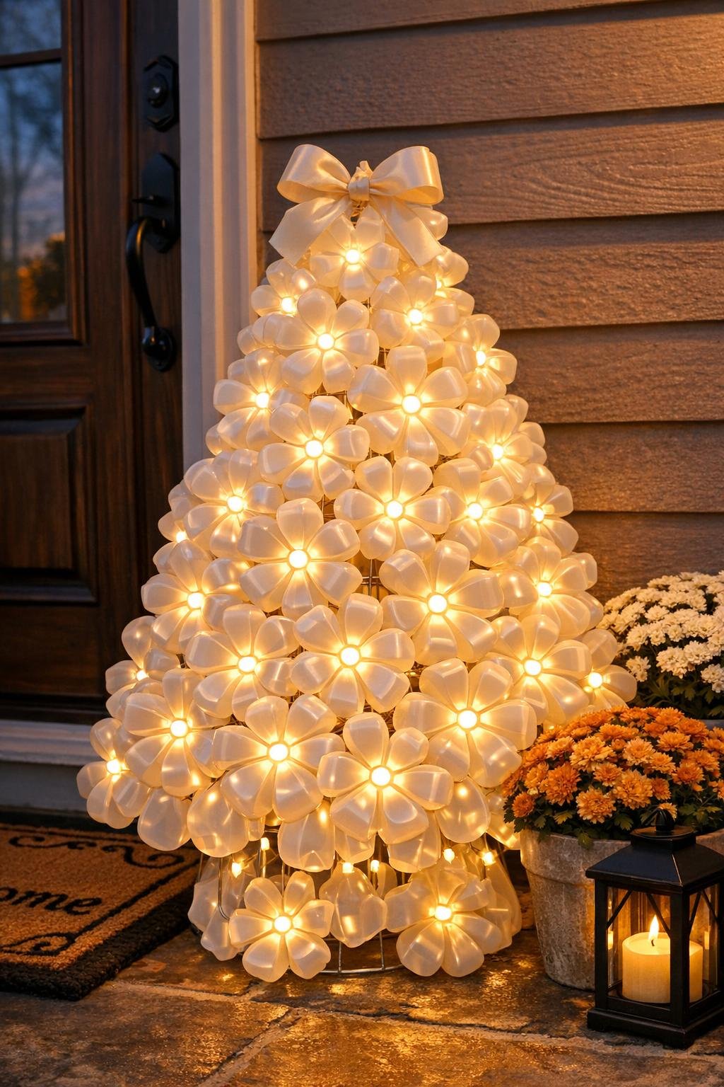 Completed glowing porch tree made from milk jug bottoms