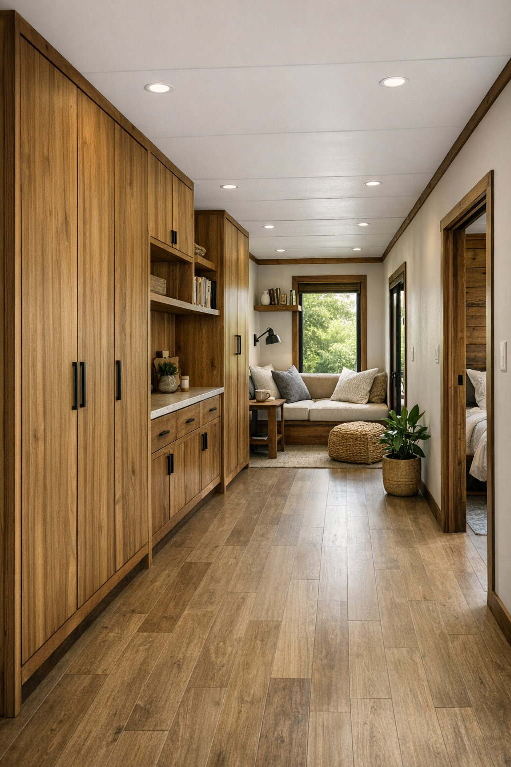 Wide hallway and reading nook with built-in wood storage in a modern accessible container home