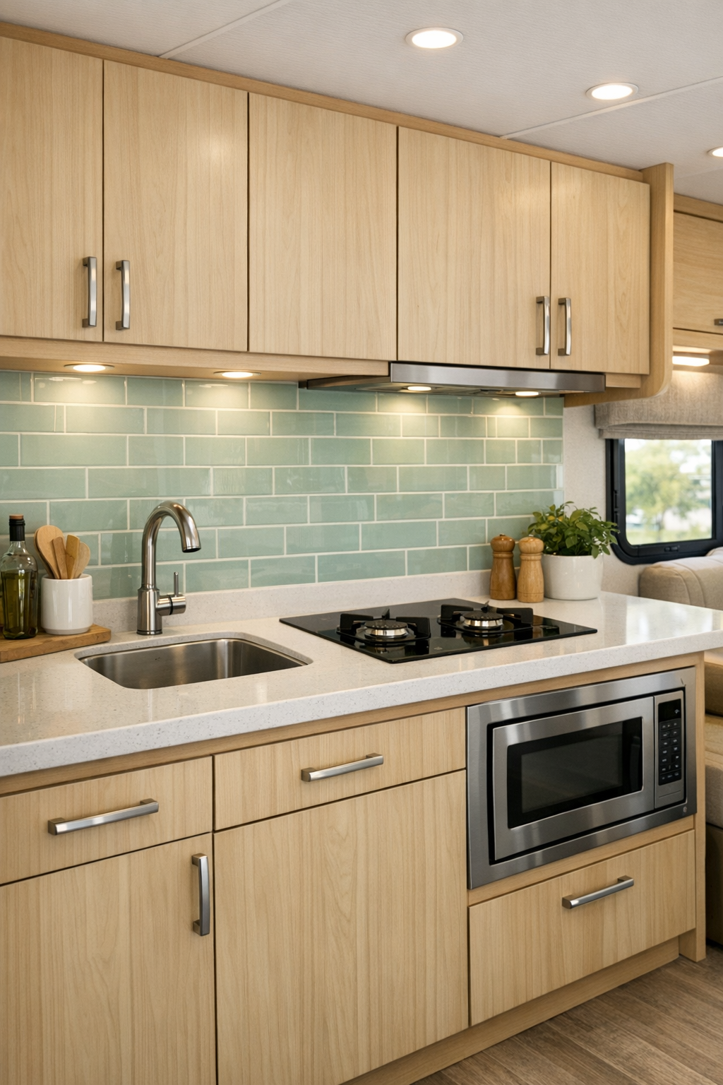 Accessible RV kitchen with pale maple cabinets, white counters, and mint tile backsplash