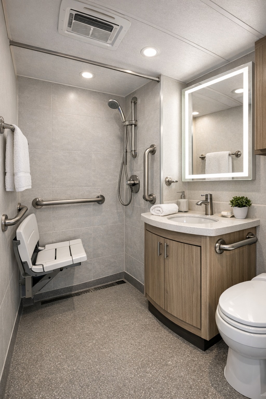 Accessible RV bathroom with curbless shower and pale gray finishes