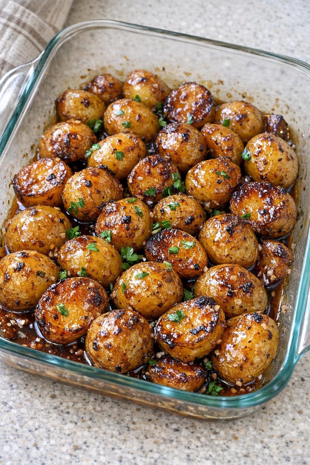 Finished roasted baby gold potatoes in a glass casserole dish