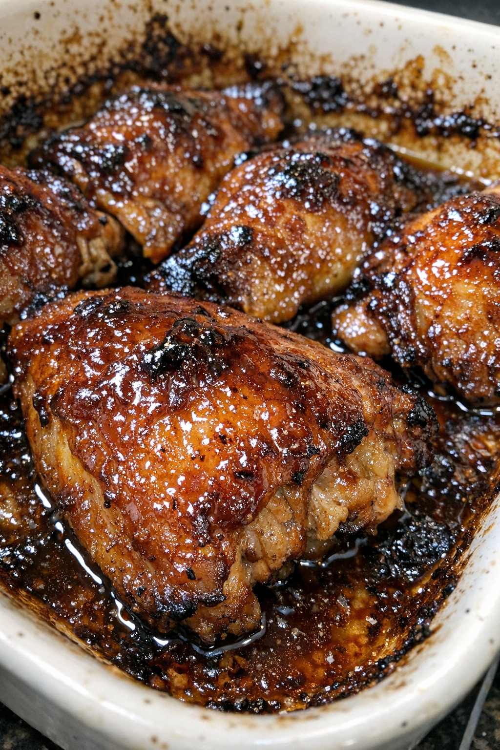 Heavily glazed roasted chicken in a ceramic baking dish