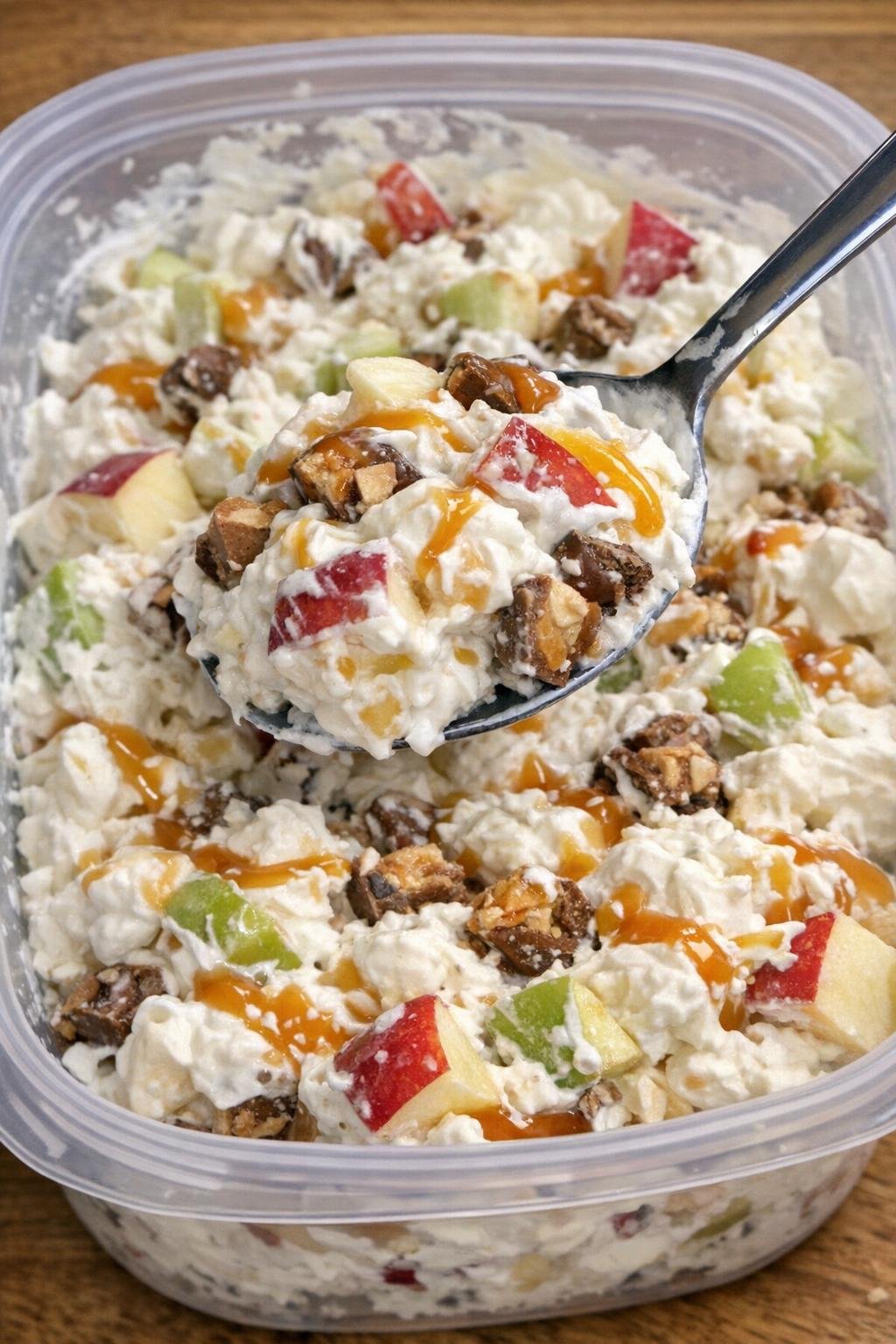 Apple and candy salad in whipped cream with caramel drizzle
