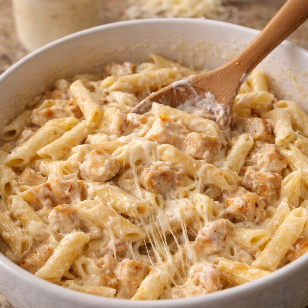 Chicken pasta mixture being stirred in a large bowl