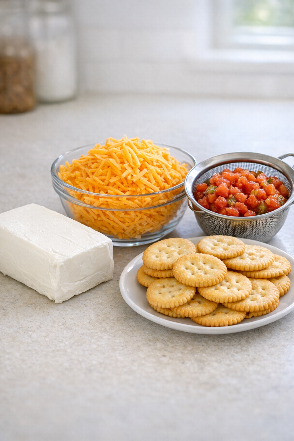 Main ingredients for cheese dip laid out on a counter
