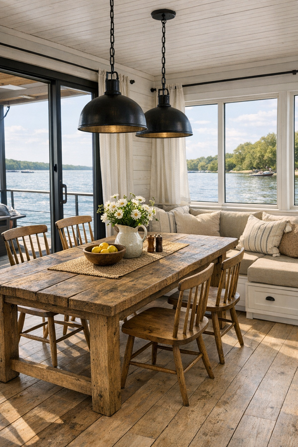 Warm farmhouse dining area with oak table and water views inside a barrier-free houseboat