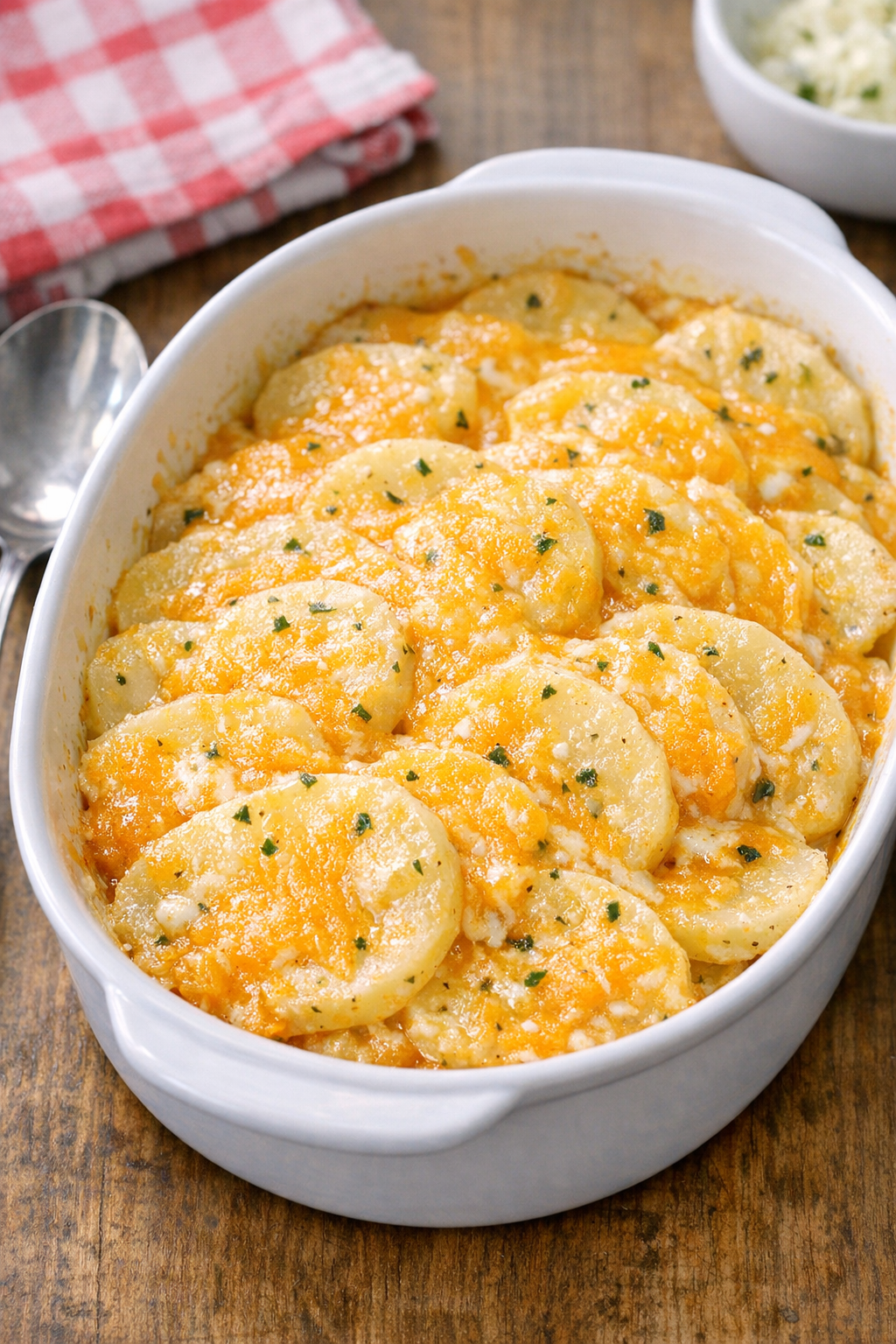 Finished cheesy slow cooker potatoes in a serving dish