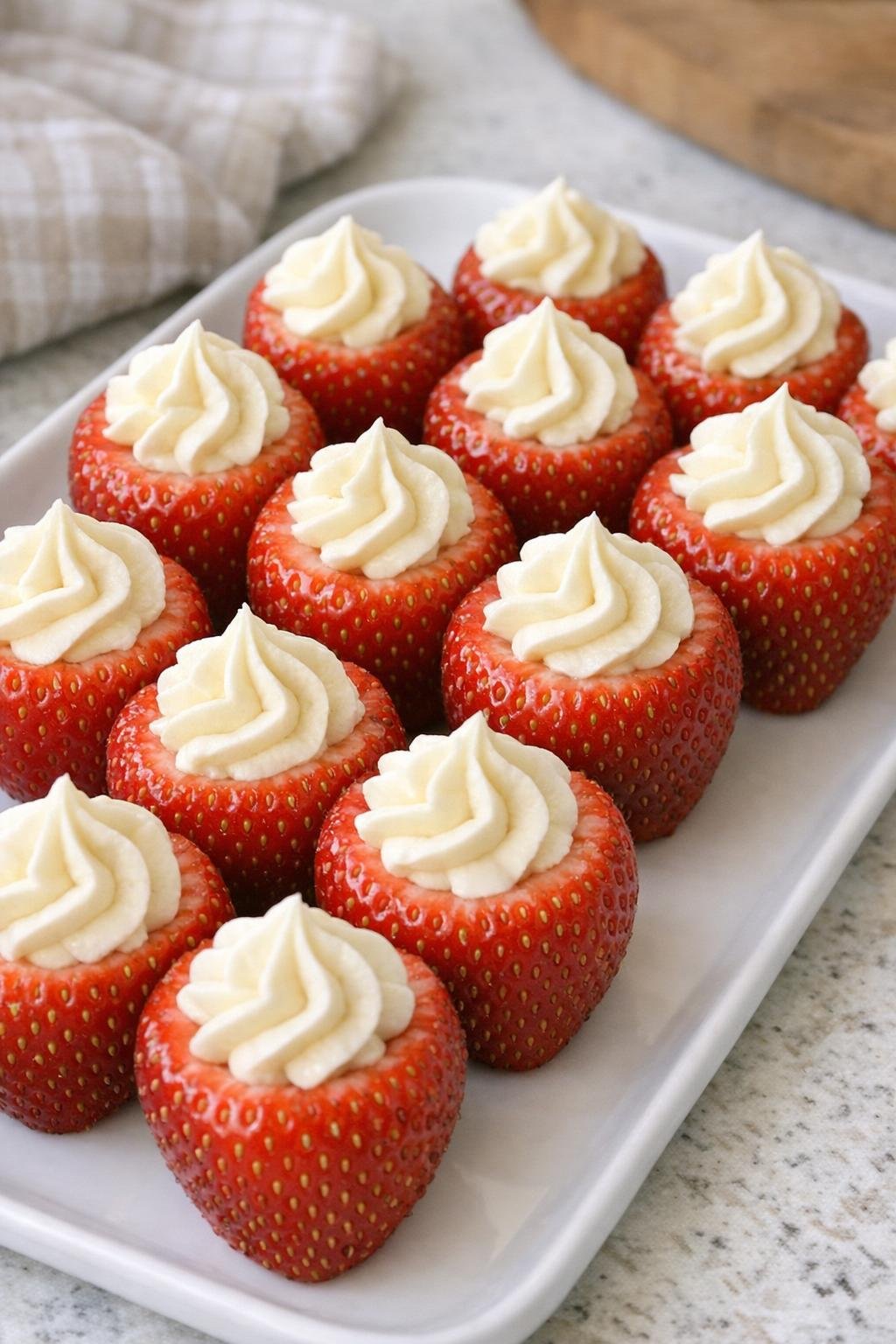 Finished cheesecake stuffed strawberries on a serving tray