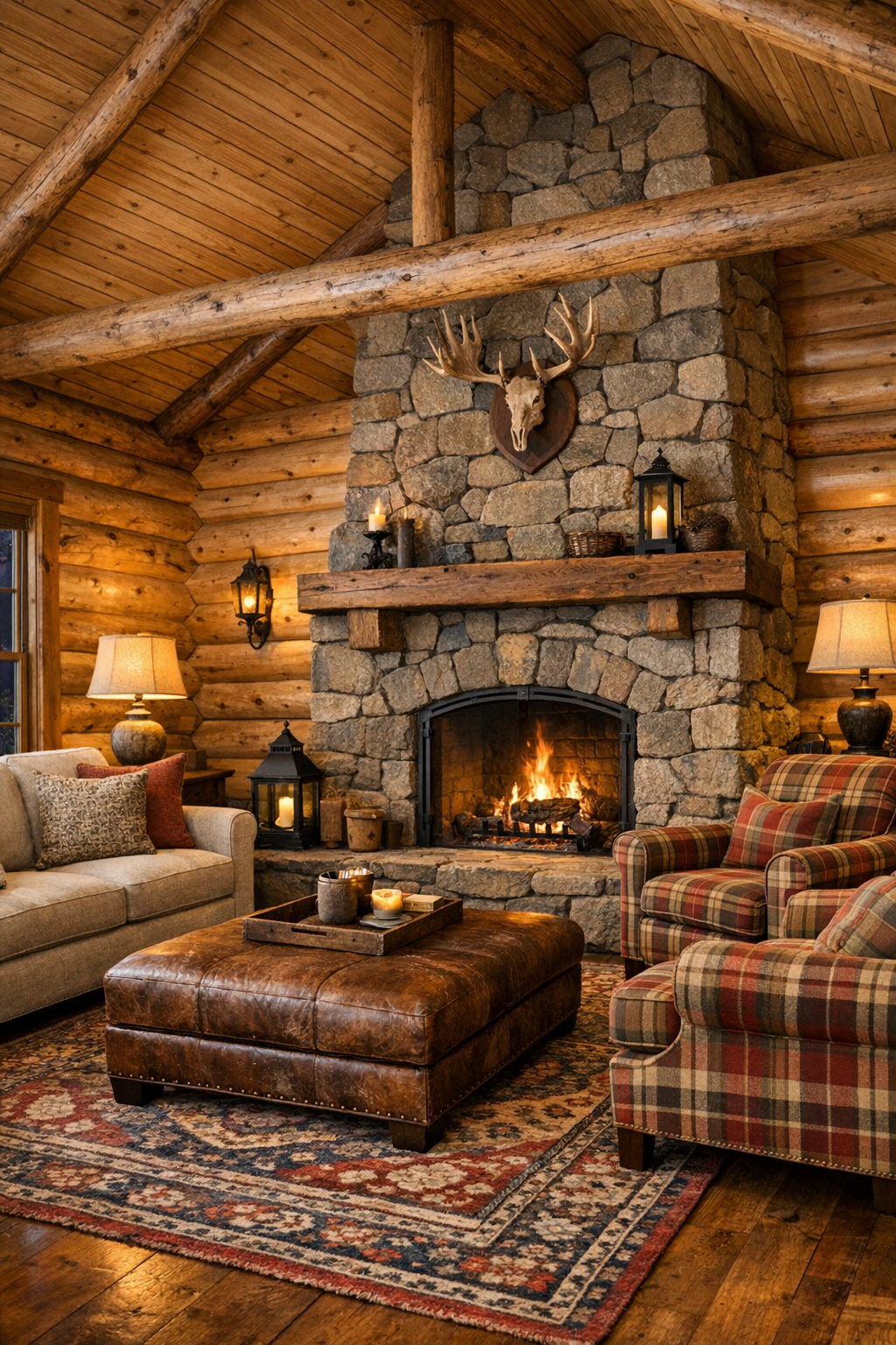 Traditional log home living room with stone fireplace and vaulted wood ceiling
