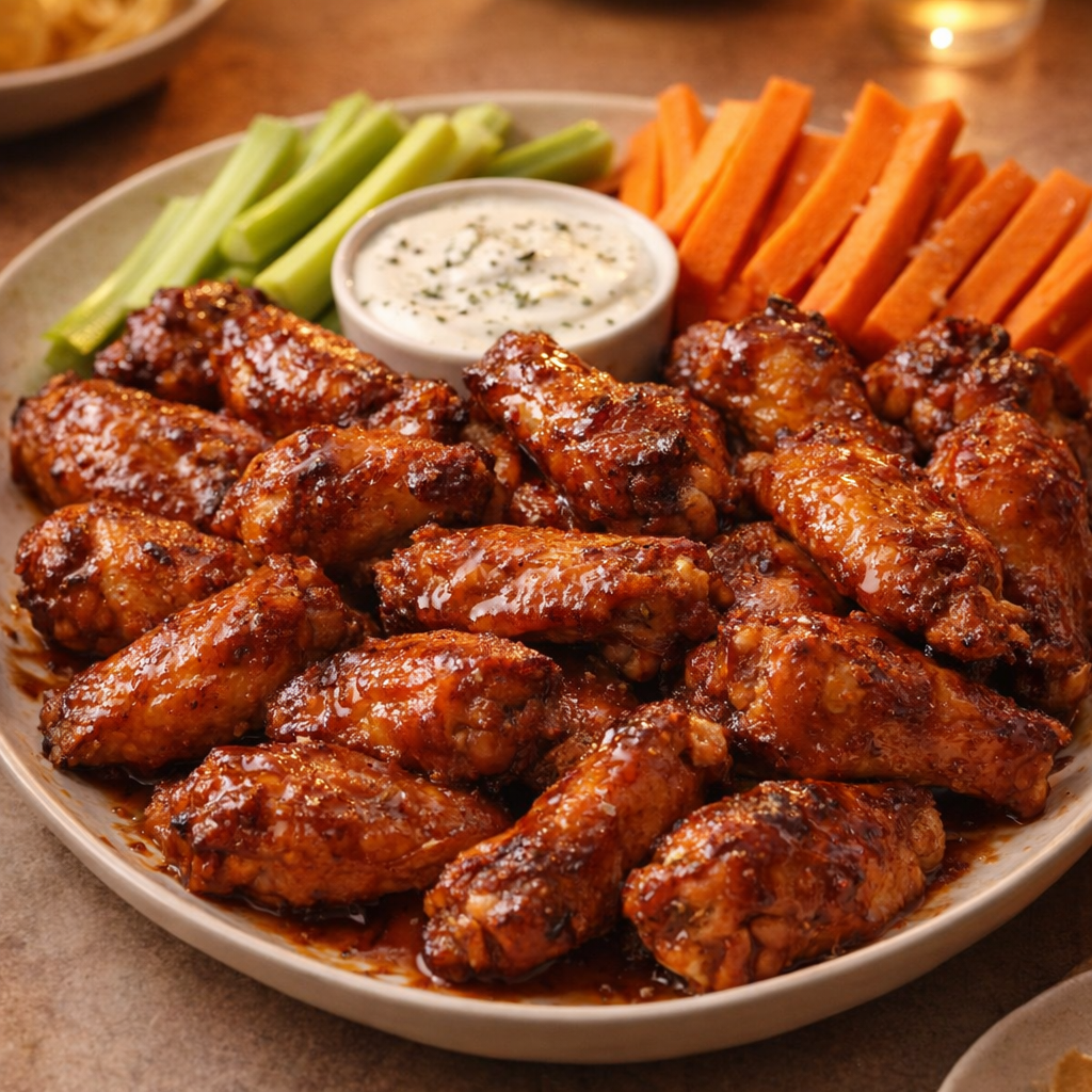 Finished wings served with dipping sauce and veggie sticks