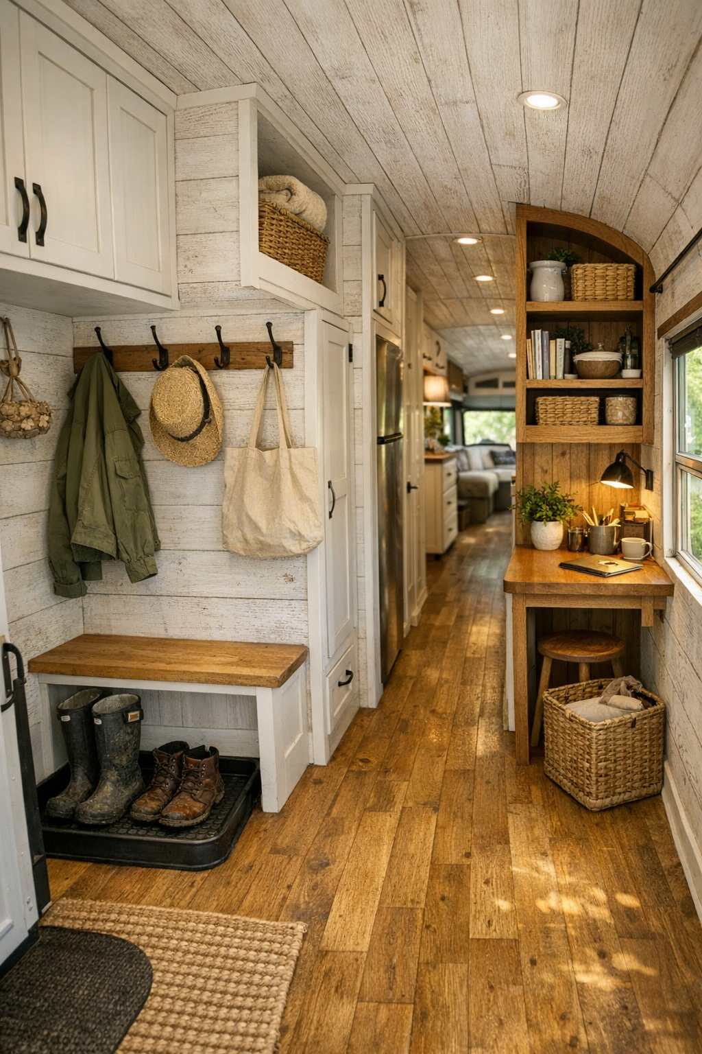 Functional bus entry and hallway with built-in storage and small desk nook