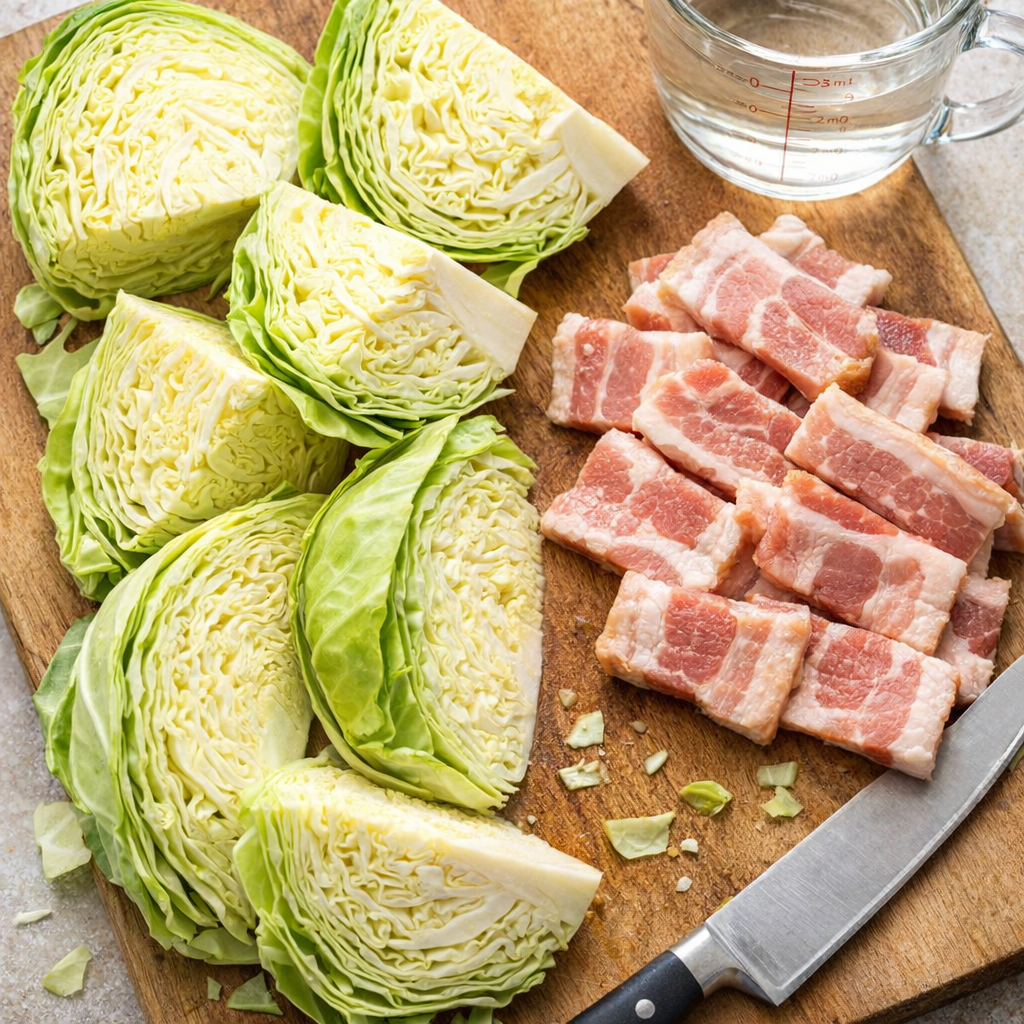 Cabbage wedges and thick-cut bacon arranged for prep