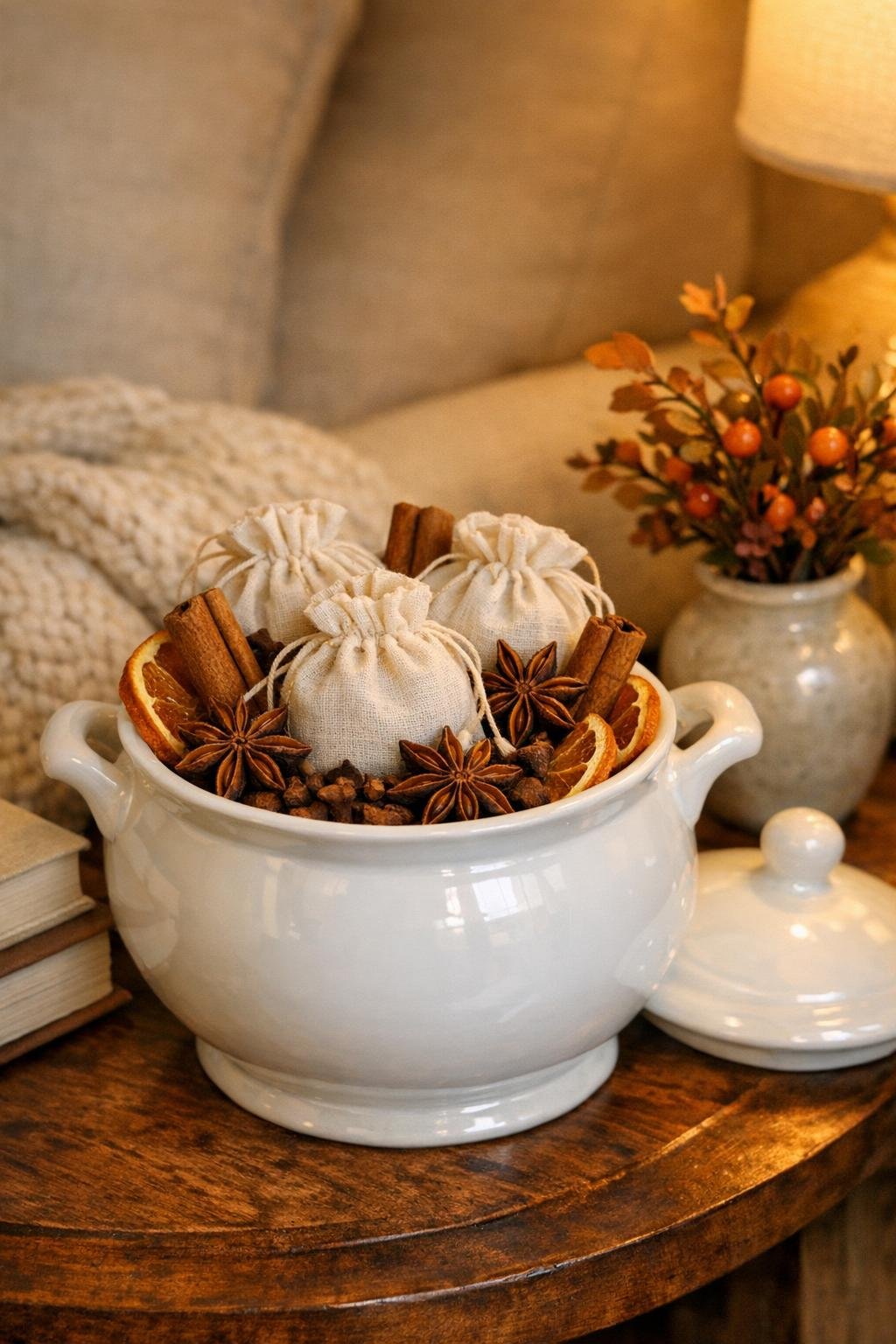 Finished autumn potpourri holder in a white ceramic sugar bowl